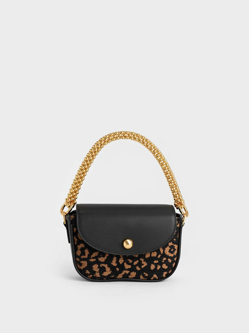 Beaded Metallic Handle Sculptural Bag - Animal Print Black image 0