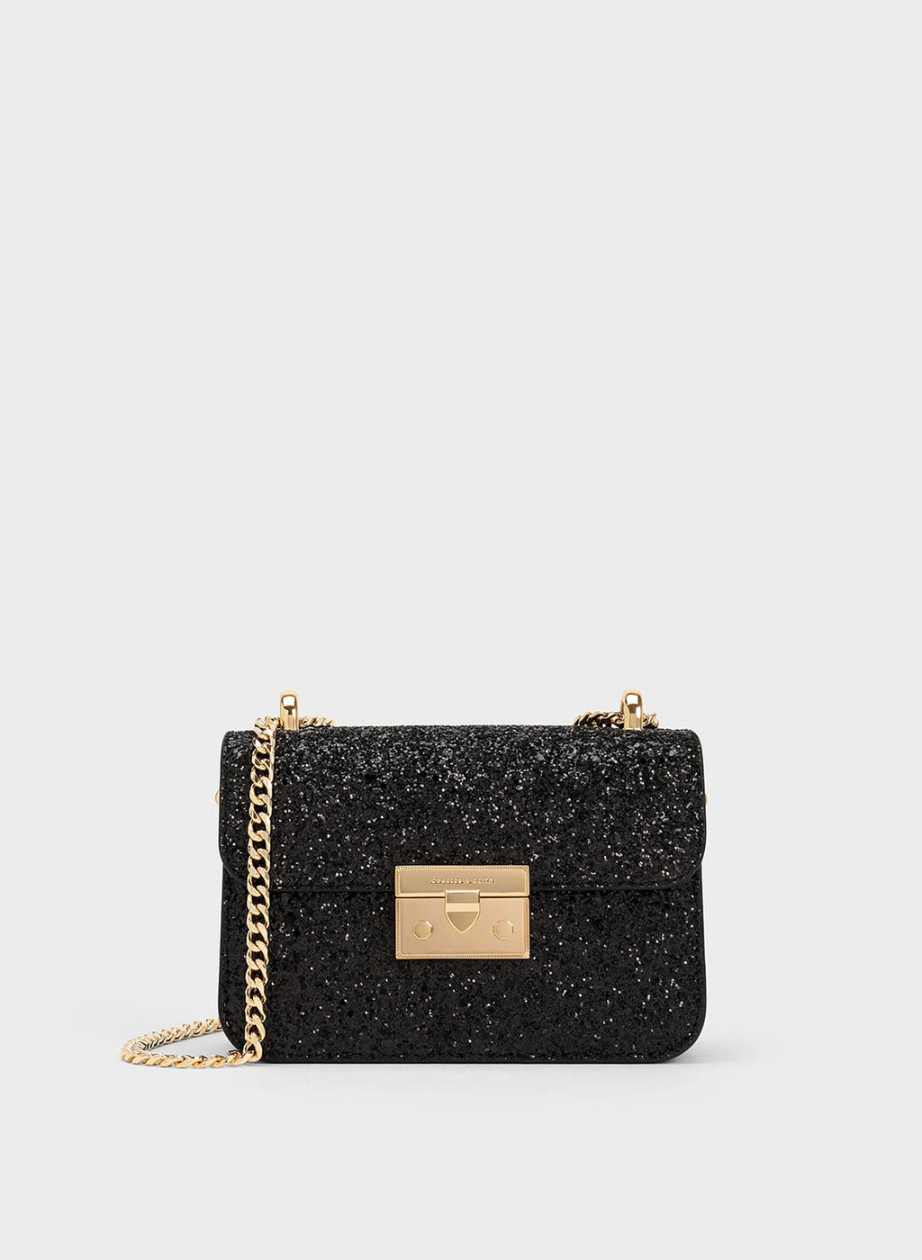 Glittered Push-Lock Chain-Handle Bag - Black image 0
