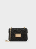 Glittered Push-Lock Chain-Handle Bag - Black image 0