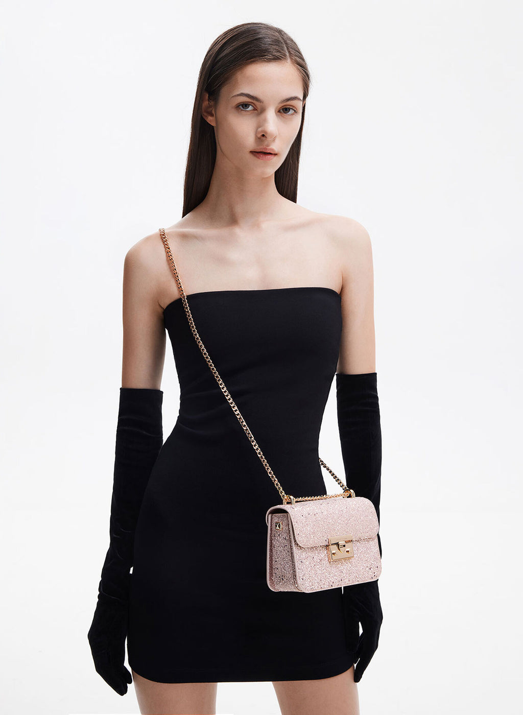 Glittered Push-Lock Chain-Handle Bag - Blush image 3