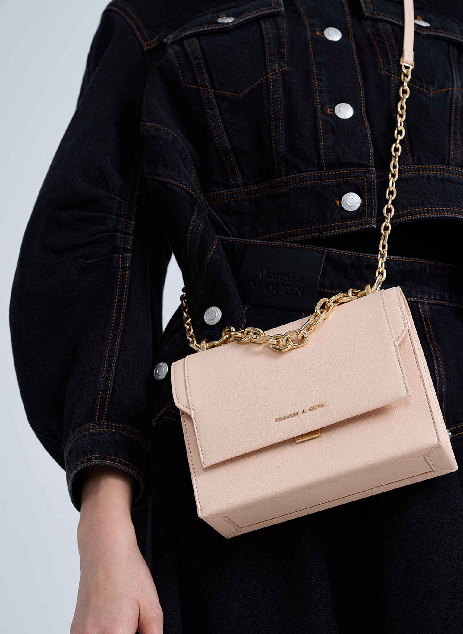 Front Flap Chain Handle Crossbody Bag - Light Pink image 2