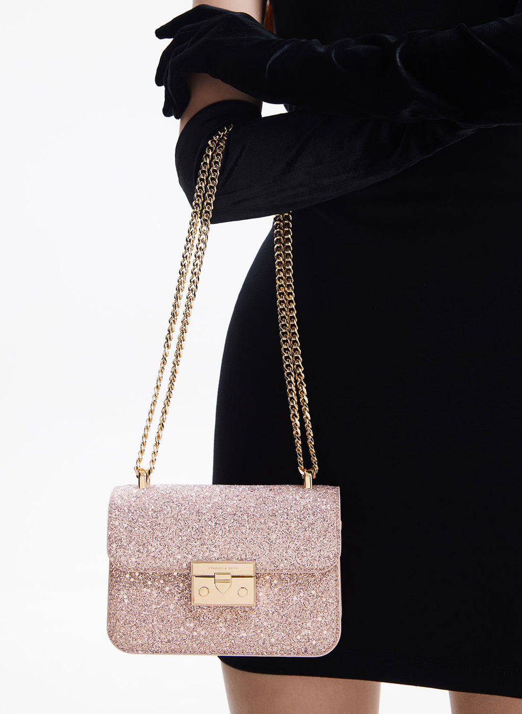Glittered Push-Lock Chain-Handle Bag - Blush image 1