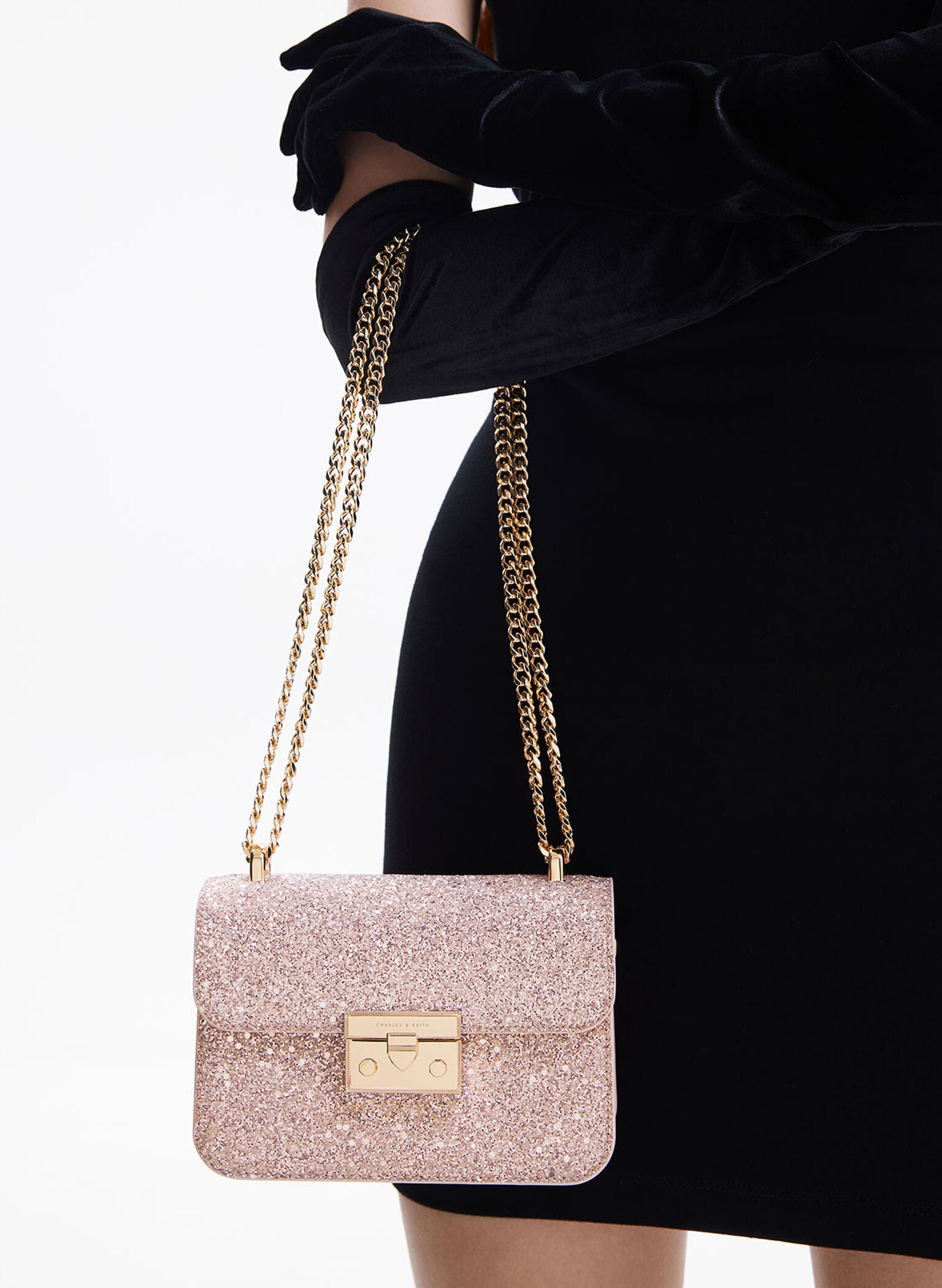 Glittered Push-Lock Chain-Handle Bag - Blush image 1