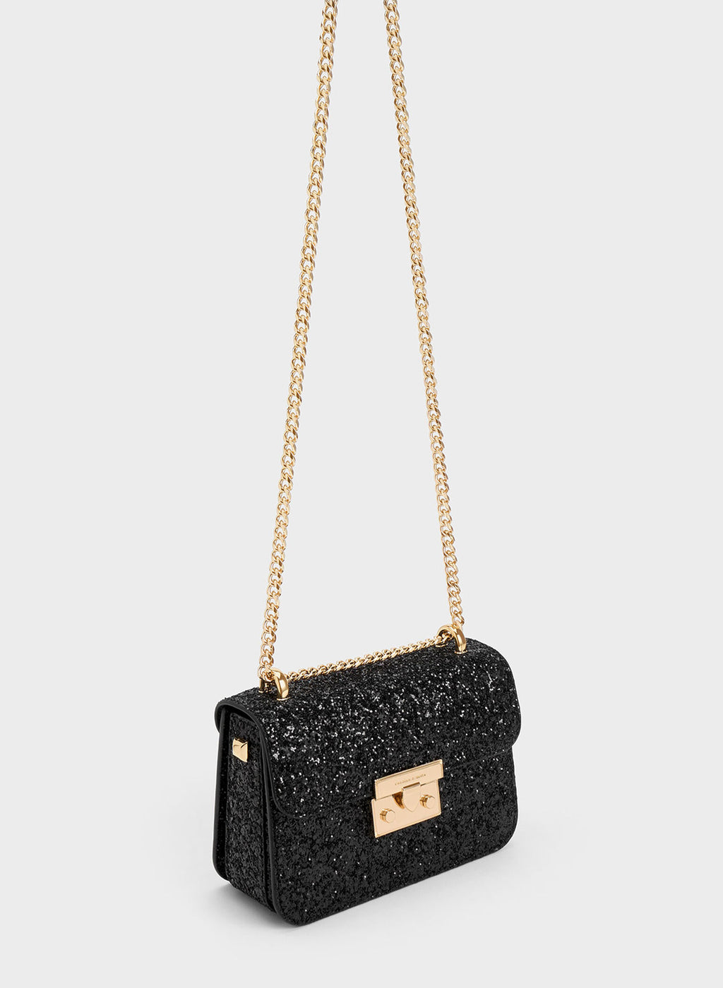 Glittered Push-Lock Chain-Handle Bag - Black image 1