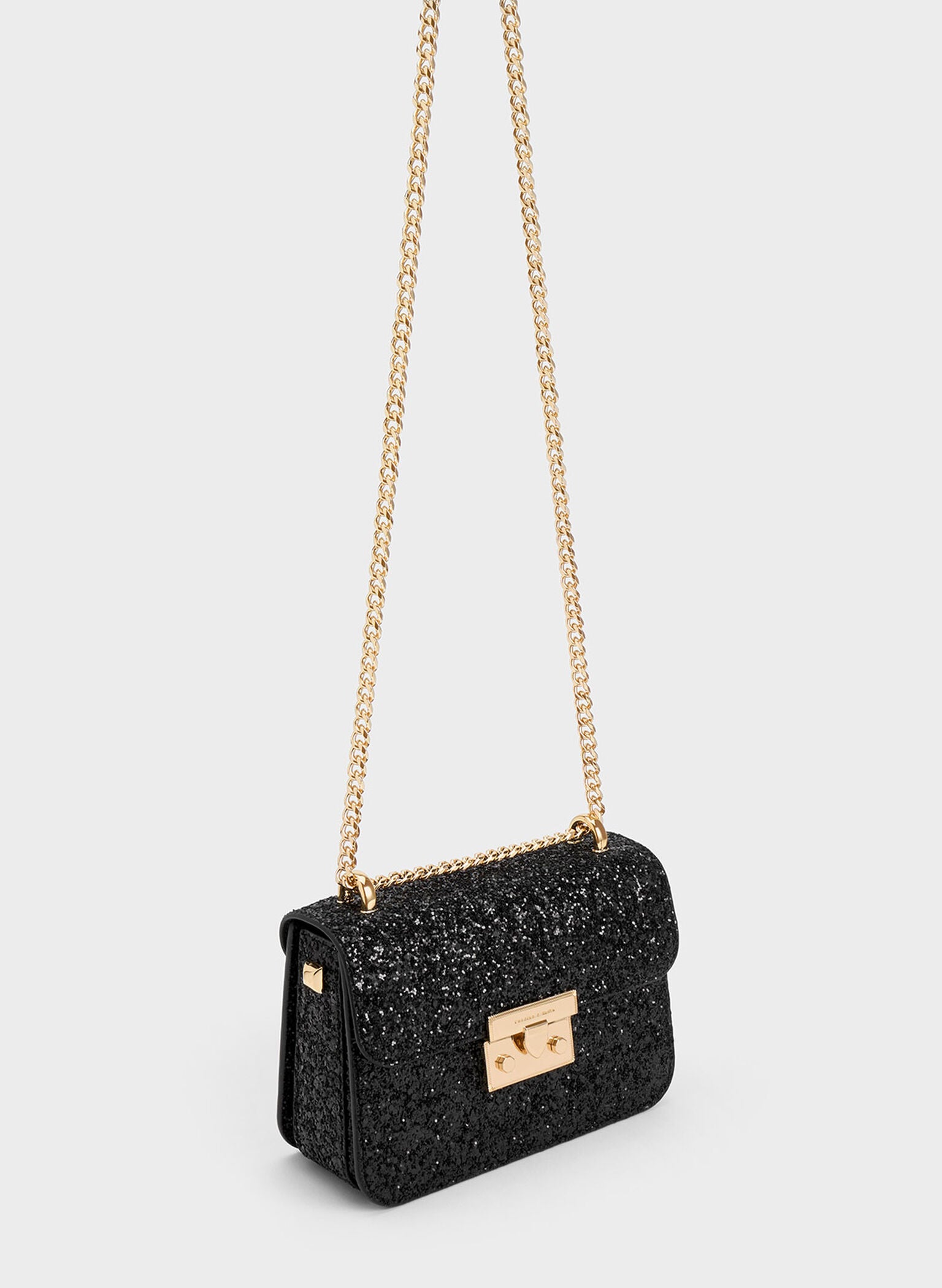 Glittered Push-Lock Chain-Handle Bag - Black image 1