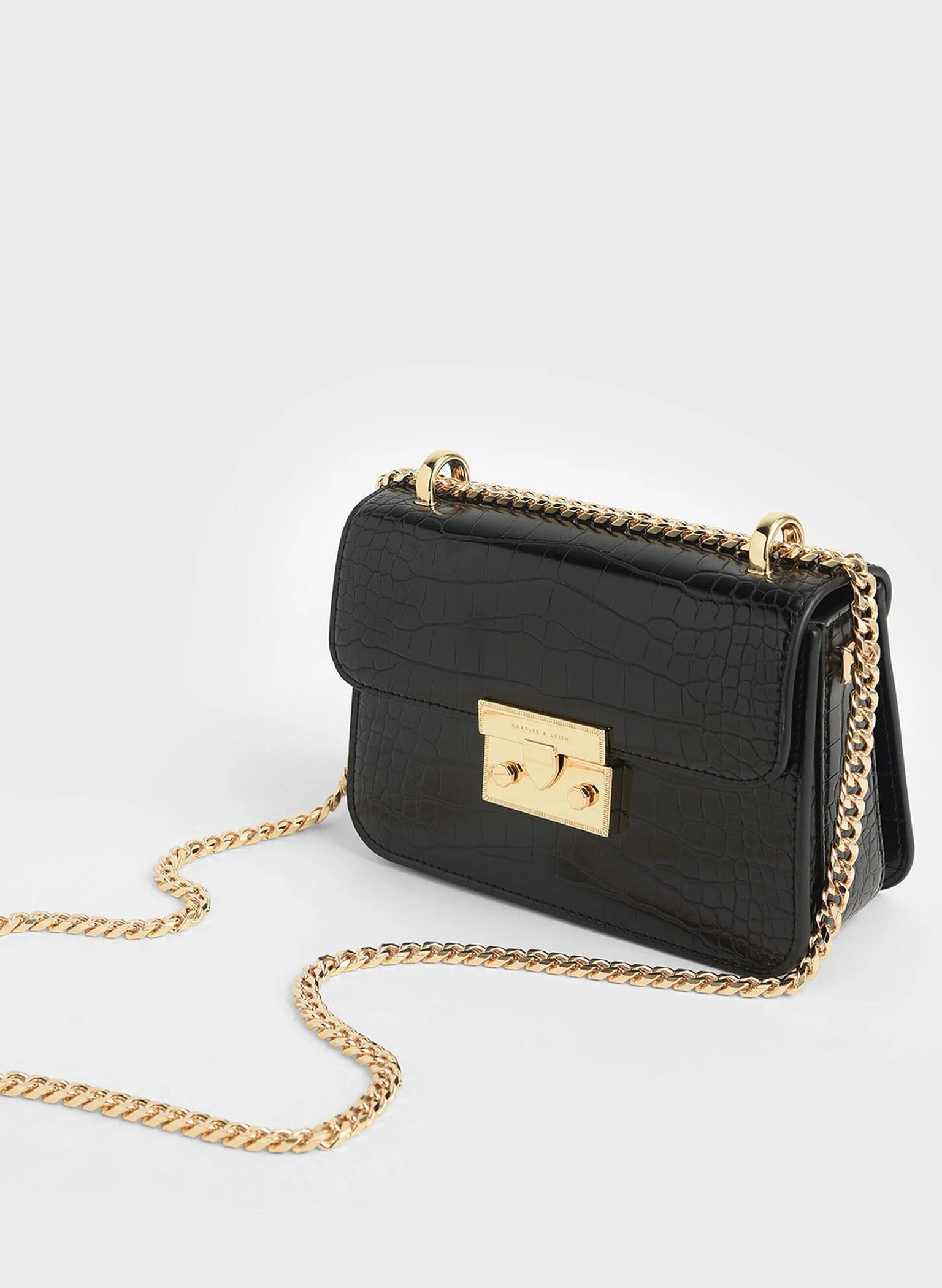 Croc-Effect Chain Strap Crossbody Bag - Black image 1