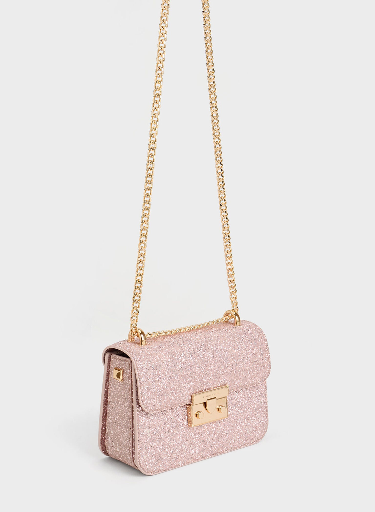 Glittered Push-Lock Chain-Handle Bag - Blush image 2