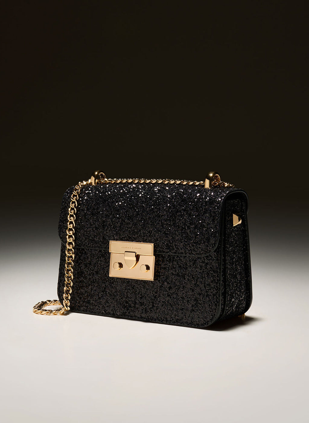 Glittered Push-Lock Chain-Handle Bag - Black image 2