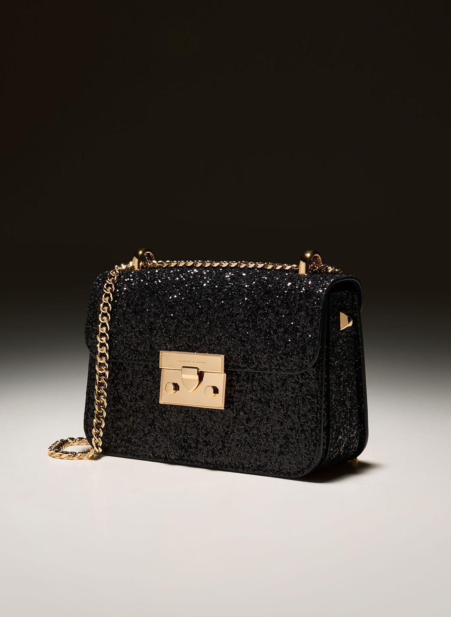 Glittered Push-Lock Chain-Handle Bag - Black image 2