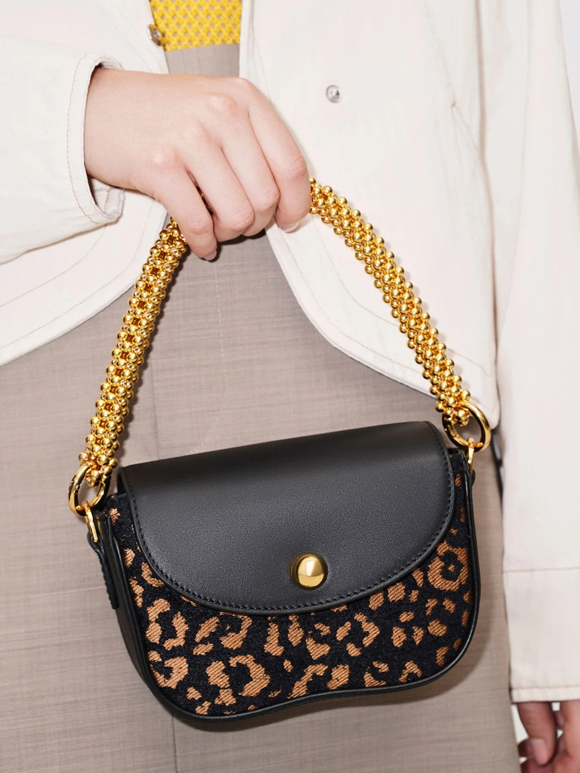 Beaded Metallic Handle Sculptural Bag - Animal Print Black image 2